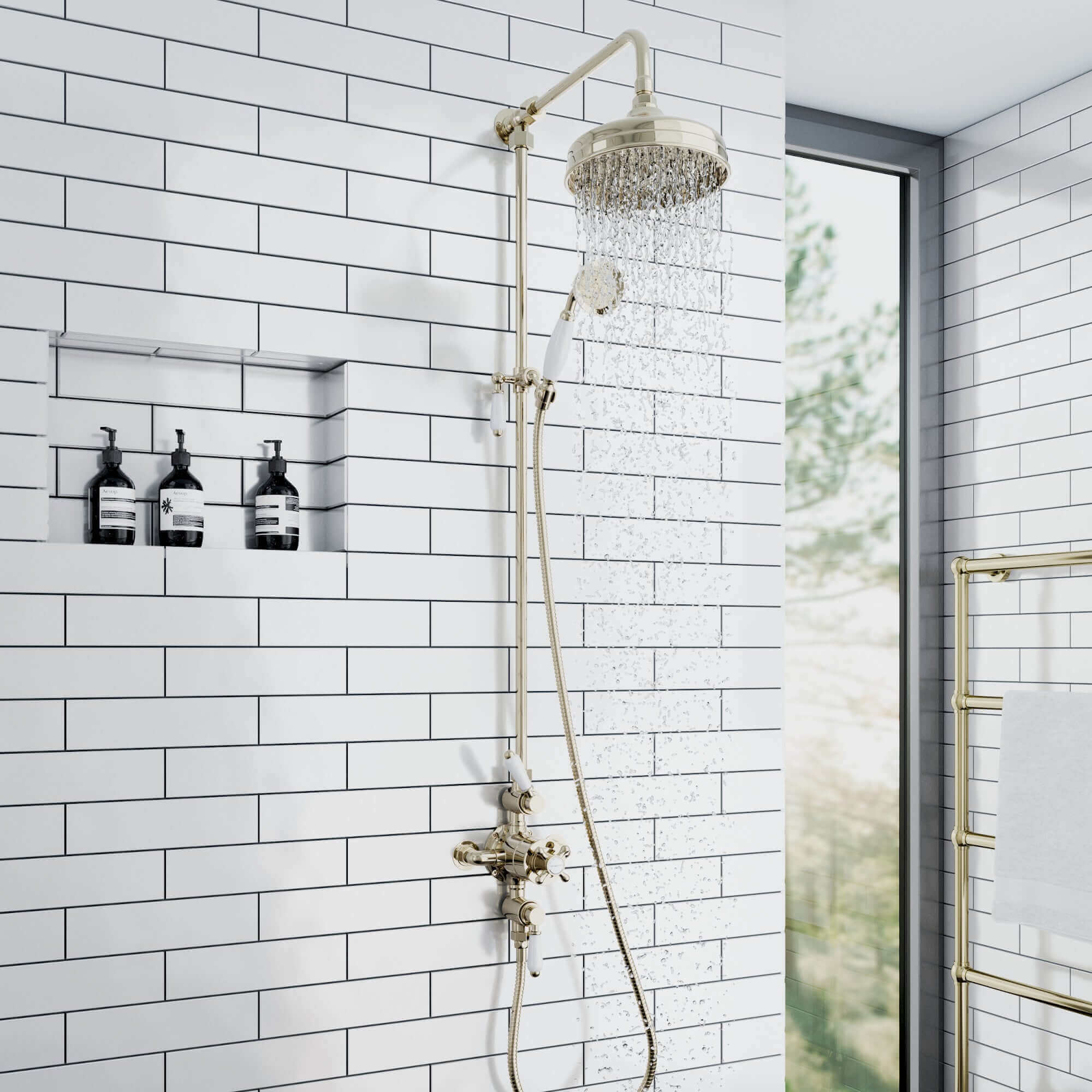 Buy Downton Exposed Traditional Thermostatic Shower Set 2 Outlet, Incl. Triple Shower Valve, Rigid Riser Rail, 200mm Shower Head & Ceramic Handset - Gold Online UK | HOUSE OF ENKI